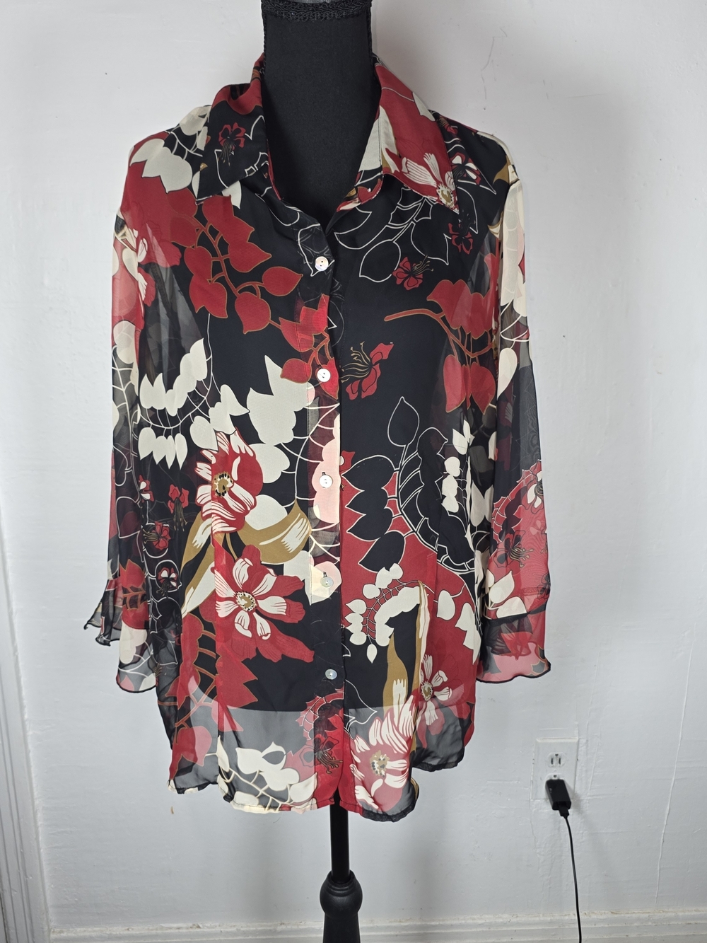 NICOLA Red, Black and Cream Floral Sheer Button-Up Blouse